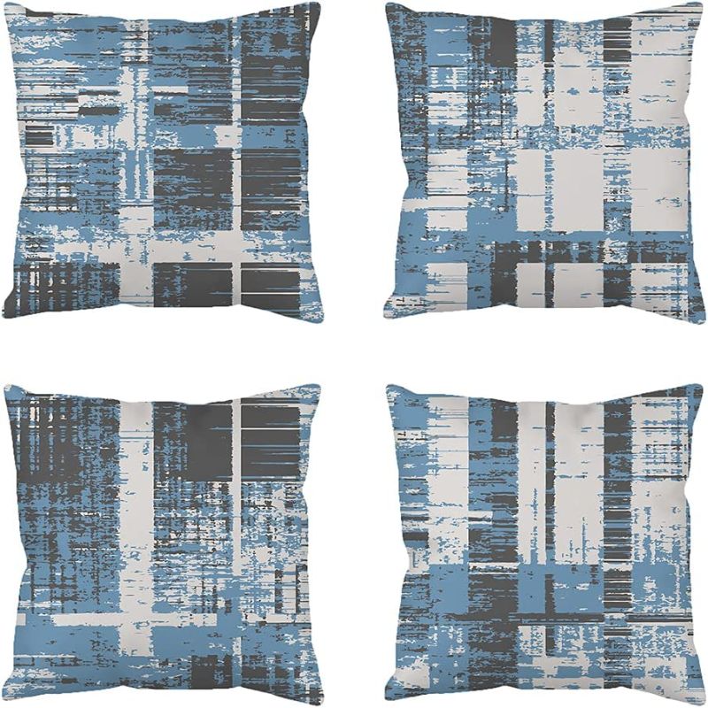 Photo 1 of Blue Graffiti Velvet Throw Pillow Covers Abstract Plaids Irregular Turquoise Line checkers Watercolor Art painting Cushion Cover 18 x 18 Home Decor for Living Room Couch Bed Invisible Zipper Set of 4
