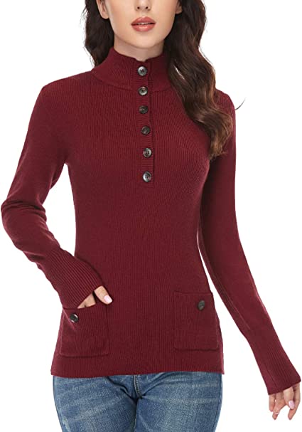 Photo 1 of andy & natalie Women's Button Up Sweater Long Sleeve V Neck Ribbed Pullover Sweaters with Side Pocket Wine Red
 SIZE XL 
