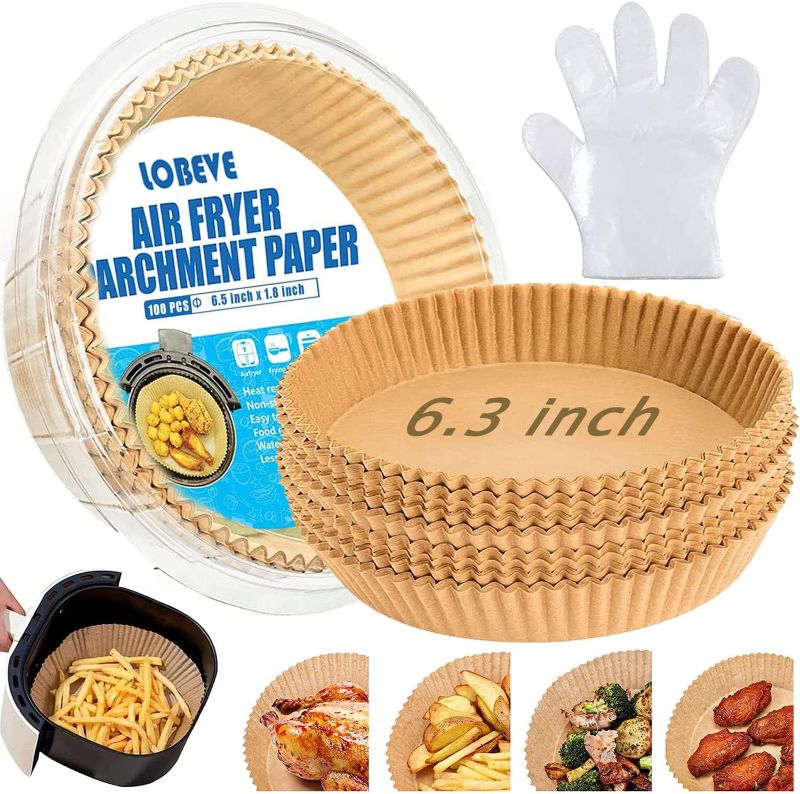 Photo 1 of Air Fryer Disposable Paper Liner ,6.3 Inch Non-stick Air Fryer Liners,Food Grade Cooking Paper for Air Fryer, Oil-proof,Water-Proof. (Bonus Disposable Plastic Food Prep Gloves) ,100PCS
