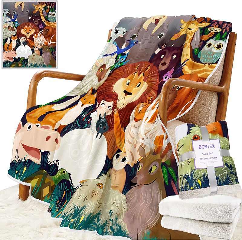 Photo 1 of Animal Blanket for Boys Girls Kids Soft Fluffy Reversible Sherpa Fleece Plush Cute Deer Lion Tiger Elephant Horse Princess Pattern Throw Blankets Animal Lover Gifts for Kids Women 50”x60”
