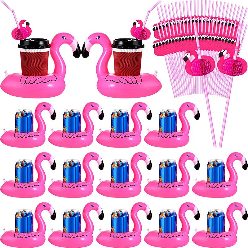 Photo 1 of 50 Pcs Flamingo Drink Floats Coaster, Inflatable Drink Holder, Drink Pool Floats Cup Holder, with 50 Pcs Flamingo Straws for Party Table Decor Birthday Wedding Tableware Decoration
