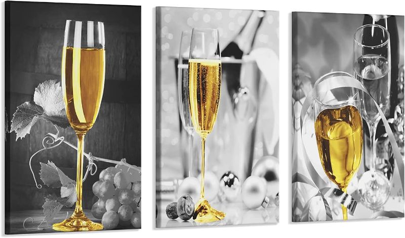 Photo 1 of bocassis 3 Pcs Wine Canvas Wall Art for Kitchen Decor Gray Gold Champagne Wine Paintings Pictures with Wood Inner Frame for Dining Room Yellow Kitchen Decor and Accessories (B,12X16Inchx3Pcs)
