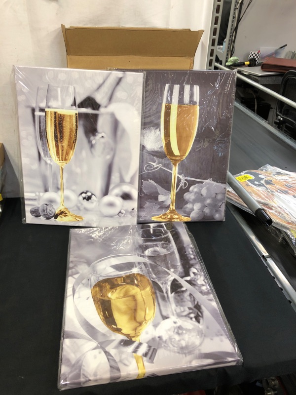 Photo 2 of bocassis 3 Pcs Wine Canvas Wall Art for Kitchen Decor Gray Gold Champagne Wine Paintings Pictures with Wood Inner Frame for Dining Room Yellow Kitchen Decor and Accessories (B,12X16Inchx3Pcs)
