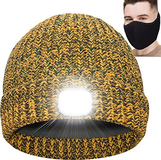 Photo 1 of Beanie Hat with Light LED & Face Cover Gifts for Men Women Teen Girls Novelty Winter Knit Hats Christmas Stocking Stuffers (YellowGreen)
