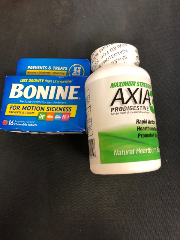 Photo 3 of 2PC LOT, Axia Essentials Axia3 ProDigestive Natural Heartburn Relief, White 90 count EXP 09/22, Bonine Motion Sickness Tablets-Raspberry-16 ct.
 EXP 09/23