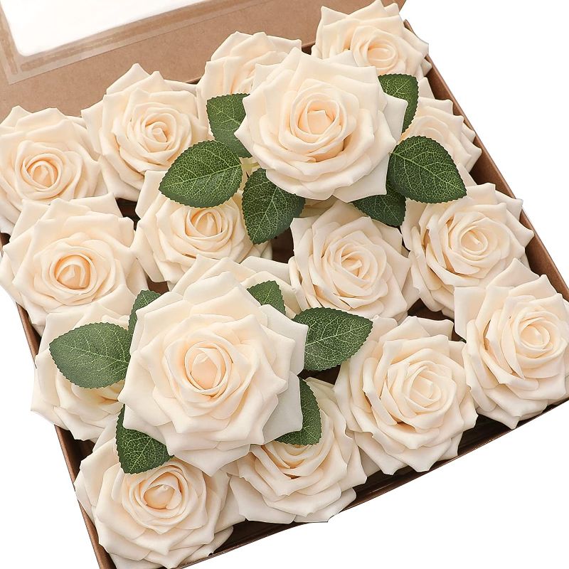Photo 1 of Floroom Artificial Flowers Cream Hybrid Tea Rose 16pcs 3.5" Realistic Fake Roses with Stems for DIY Wedding Decor Centerpieces Arrangements Bouquets
