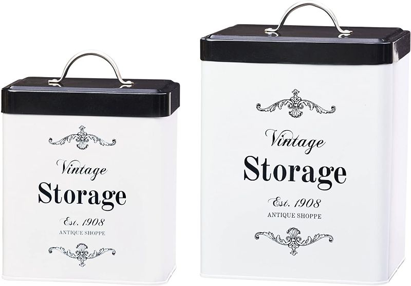 Photo 1 of Amici Home, , Antique Shoppe Vintage Storage Metal Canisters, Food Safe, Push Top Lid, Assorted Set of 2 (Large, 208 Ounces; Small, 96 Ounces)
