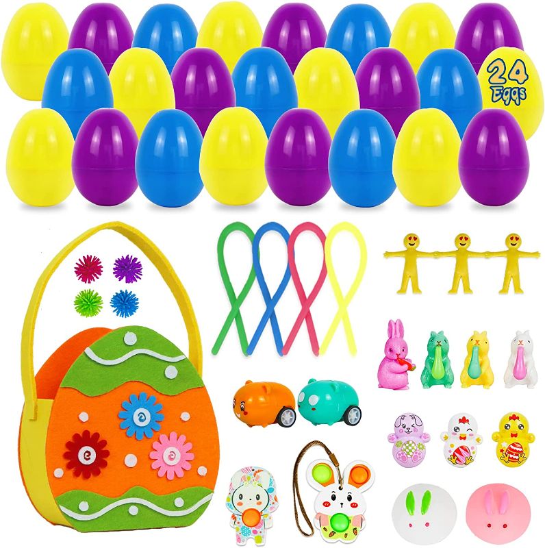 Photo 1 of ALLCOLOR 24 Pc Pre Filled Plastic Easter Eggs with Basket for Kids with Surprise Toys Inside Easter Egg Basket Stuffers for Toddler Bulk Toys for Easter Egg Hunt Basket Fillers Toy Boys Girls Gifts
