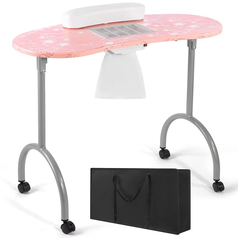Photo 1 of Artist Hand Nail Desk, Folding Nail Table with Fan, Portable Manicure Table Station with Electric Dust Collector, Wrist Cushion,4 Lockable Wheels, Carrying Bag for Home Beauty Salon, Pink
