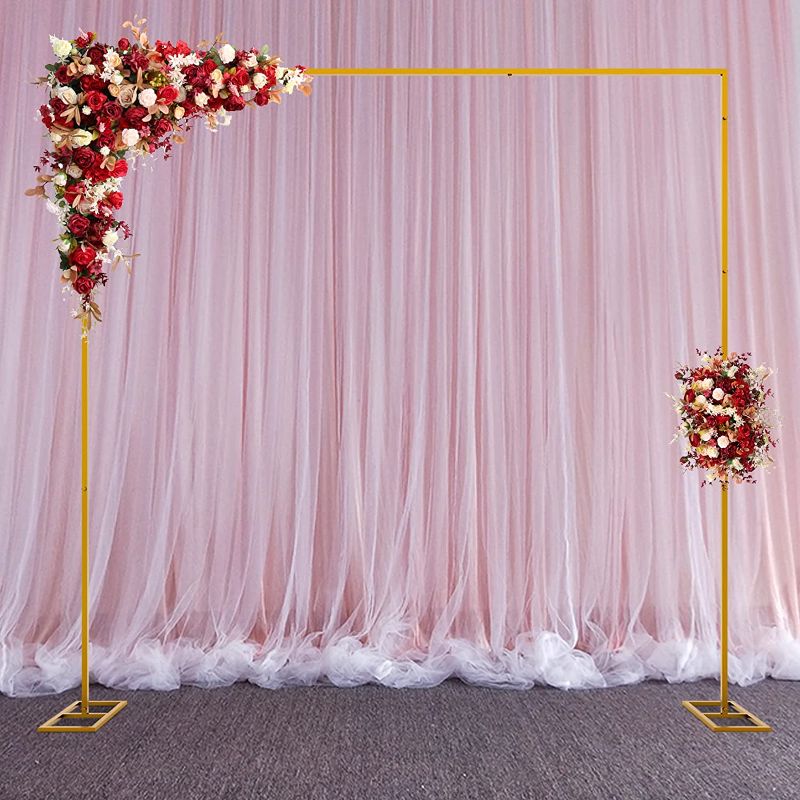 Photo 1 of 10 x 10 FT Heavy Duty Pipe and Drape Backdrop Stand Kit Metal Arch for Wedding Background Party Photography Event and Ceremony Gold
