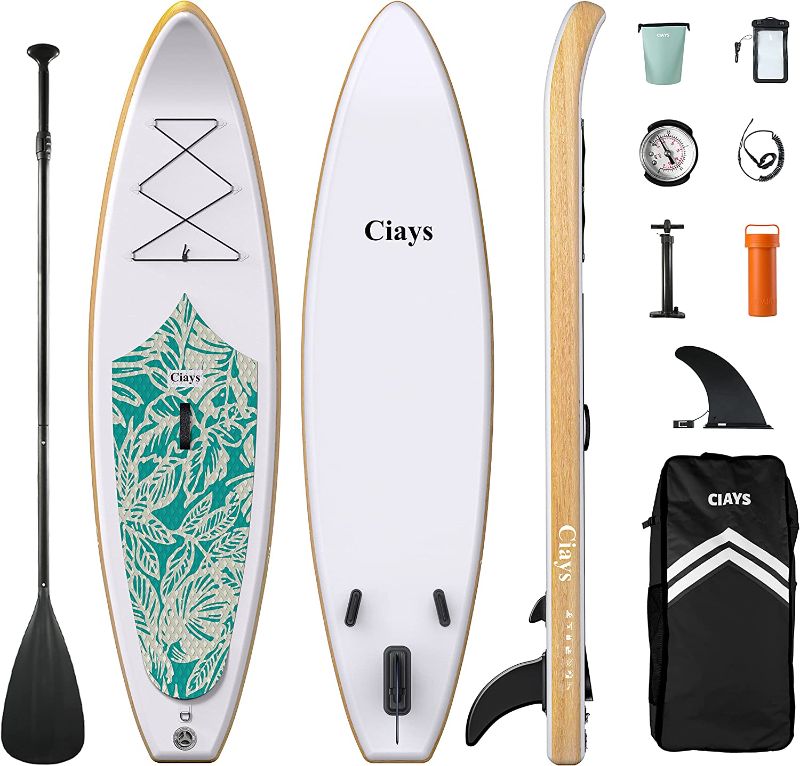 Photo 1 of Ciays Inflatable Stand Up Paddle Board W SUP Accessories of Backpack, 2 Fins, 2 Bags, Leash, Floating Paddles and Double Action Hand Pump All-Around Paddleboard Perfect for Yoga, Tour, Fishing
