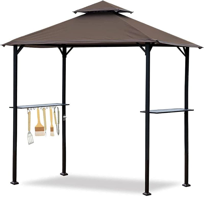 Photo 1 of  5'x8' Grill Gazebo Double Tiered Outdoor BBQ Canopy,Grill Gazebo Shelter for Patio and Outdoor Backyard BBQ's with LED Light x 2 (Brown, Straight 8‘x5’)-----------MISSING THE SHADE TARP ------------
