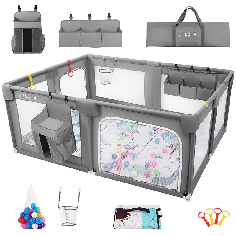 Photo 1 of Baby Playpen Set(Grey 75”×59”), playpen for Babies and Toddlers, Portable Extra Large Baby Fence Area with Anti-Slip Base, Safety Play Center Yard Home Indoor & Outdoor with Play Mat------POSSIBLY MISSING PARTS -----

