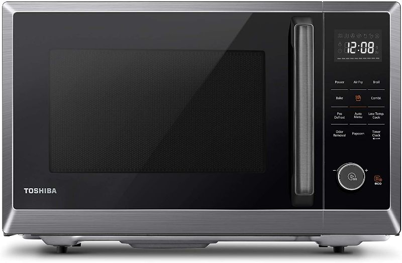Photo 1 of TOSHIBA ML2-EC10SA(BS) 8-in-1 Countertop Microwave with Air Fryer Microwave Combo, Convection, Broil, Odor removal, Mute Function, 12.4" Position Memory Turntable with 1.0 Cu.ft, Black stainless steel----OTHER THEN A FEW FINGER PRINTS FROM PROCESSING THE 