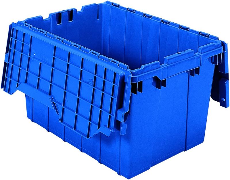 Photo 1 of Akro-Mils 39120 Industrial Plastic Storage Tote with Hinged Attached Lid, (21-Inch L by 15-Inch W by 12-Inch H), Blue, 
