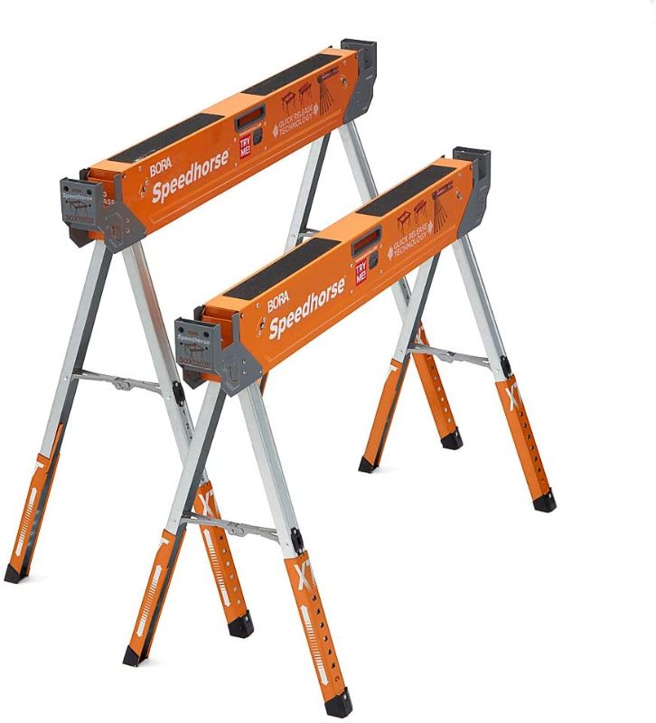 Photo 1 of Bora Portamate Speedhorse XT Adjustable Height Sawhorse Pair- Two pack & Wood Organizer and Lumber Storage Metal Rack with 6-Level Wall Mount – Indoor and Outdoor Use, In Orange | PBR-001
