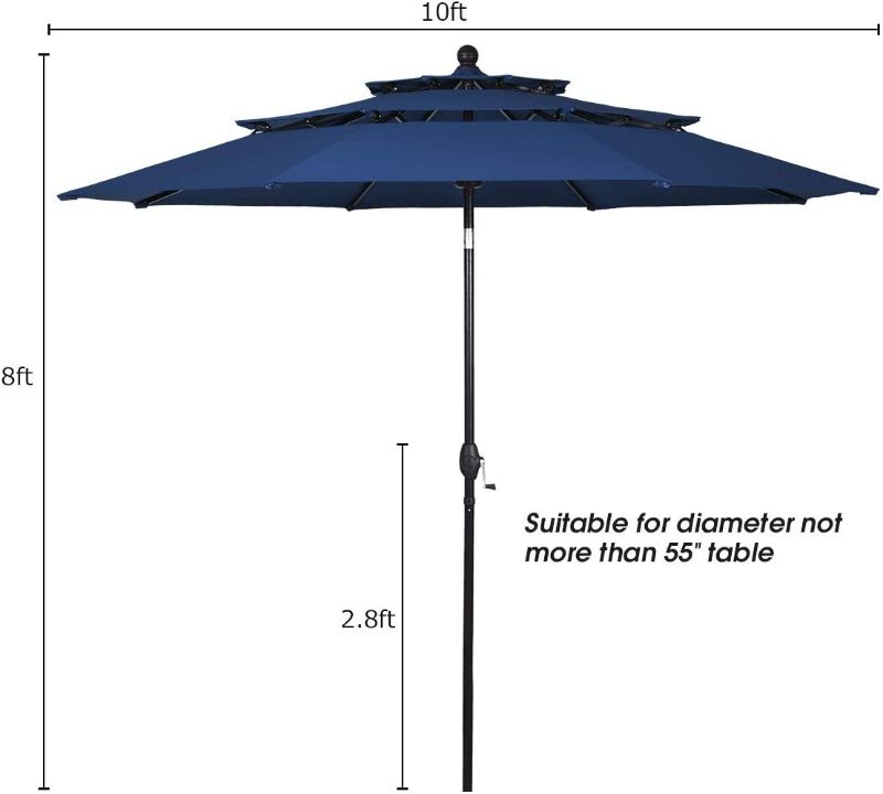 Photo 1 of 10 Ft 3 Tier Patio Umbrella, Outdoor Umbrella W/Double Vented, Market Table Tilt Umbrella with Crank, Outdoor Aluminum Umbrella for Market, Backyard, Pool, Garden (Navy Blue)--------THERE IS A MAJOR DENT IN ONE OF THE POLES ----