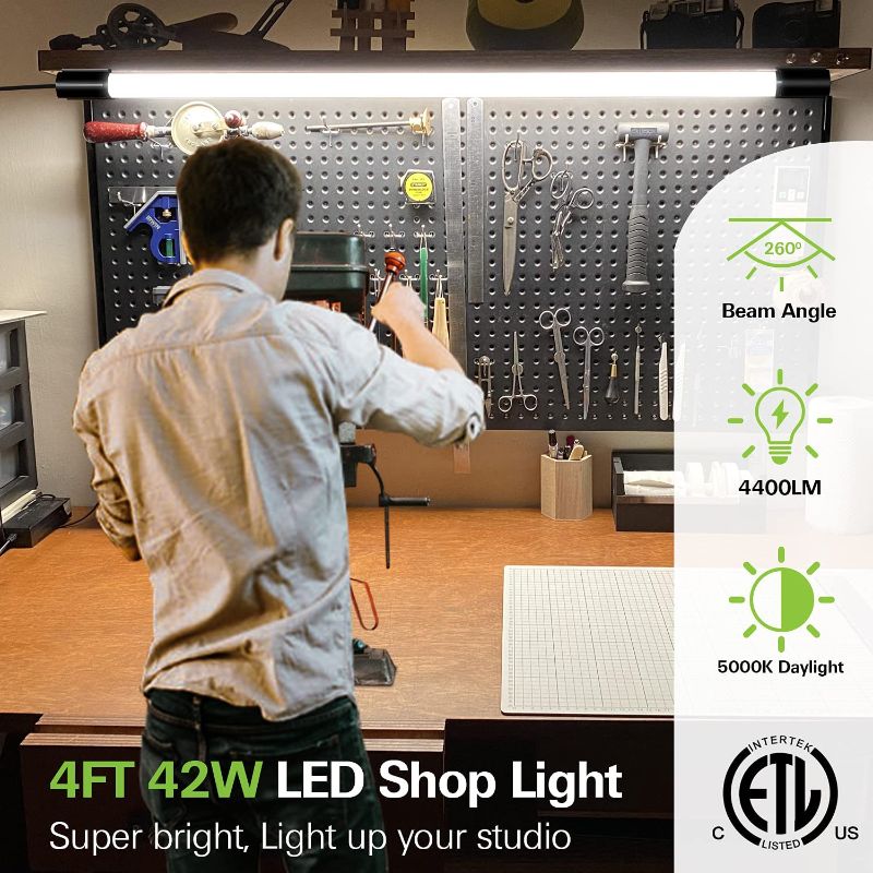 Photo 1 of 4FT Linkable LED Shop Light, Utility Shop Light Fixture, 4400lm, 42W [250W Equivalent], 5000K Daylight White Shop Lights for Garage,Hanging or Surface Mount, W/ Power Cord, ETL