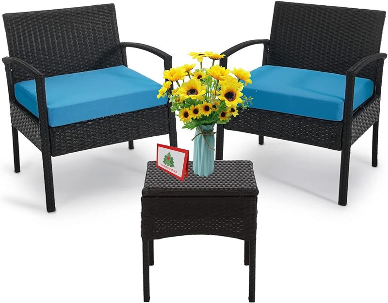 Photo 1 of 3 Piece Patio Set Balcony Furniture Outdoor Wicker Chair Patio Chairs for Patio, Porch, Backyard, Balcony, Poolside and Garden with Coffe Table and Cushions Blue
