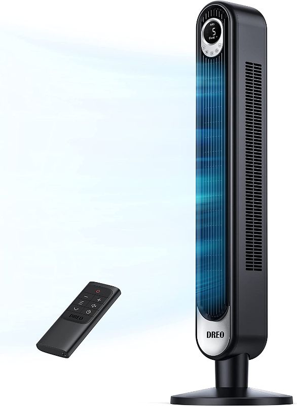 Photo 1 of Dreo Cruiser Pro T1 Tower Fan, 42 Inch Quiet Oscillating Bladeless Fan with Remote, 6 Speeds, 3 Modes, LED Display, 12H Timer, Black Floor Standing Fan Powerful for Indoor Home Bedroom Office Room-----missing base ------
