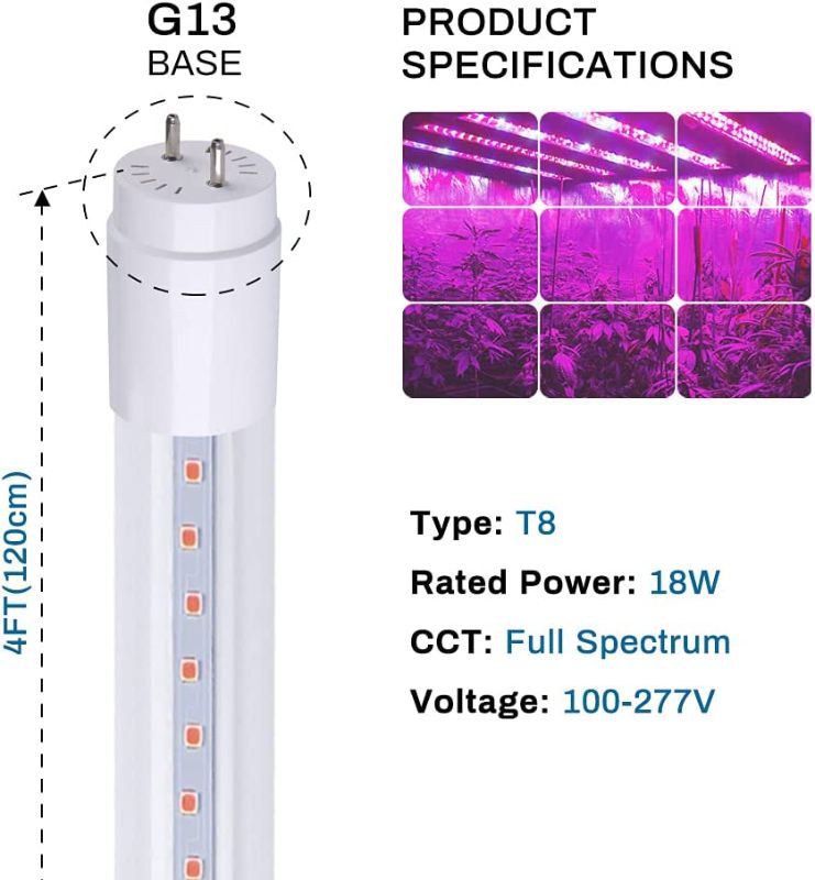 Photo 1 of T8 LED Grow Light Tube for Plants, 18 Watts, 4FT, Full Spectrum, Ballast Bypass,Grow Lights for Indoor Plant, Greenhouse, Plant Grow Shelf
