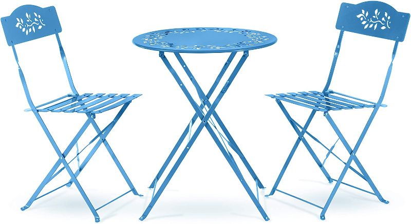 Photo 1 of Alpine Corporation Bistro Set, Table: 24" L x 24" W x 28" H Chair: 17" L 18" W x 33" H, Blue
