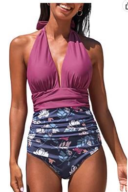 Photo 1 of CUPSHE Women's One Piece Swimsuit Halter Plunge Neck Ruched Tummy Control Bathing Suits (LARGE)
