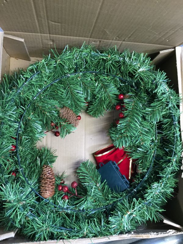 Photo 3 of 24" Artificial Christmas Bow Wreath with 15” Hanger, 50 LED Lights, Red Berries, Pine Cones & Pine Needles for Front Door, Windows, Living Room, and Indoor and Outdoor Christmas Decorations
