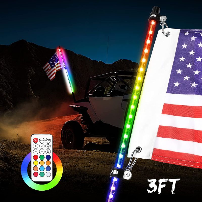Photo 1 of 3ft LED Whip Lights with Flag, SWATOW INDUSTRIES Lighted Antenna Whip RGB LED Whip with Remote Control Off Road Dancing/Chasing Light LED Light Whip for UTV ATV RZR Can-Am Truck 4 Wheeler Dune Buggy
