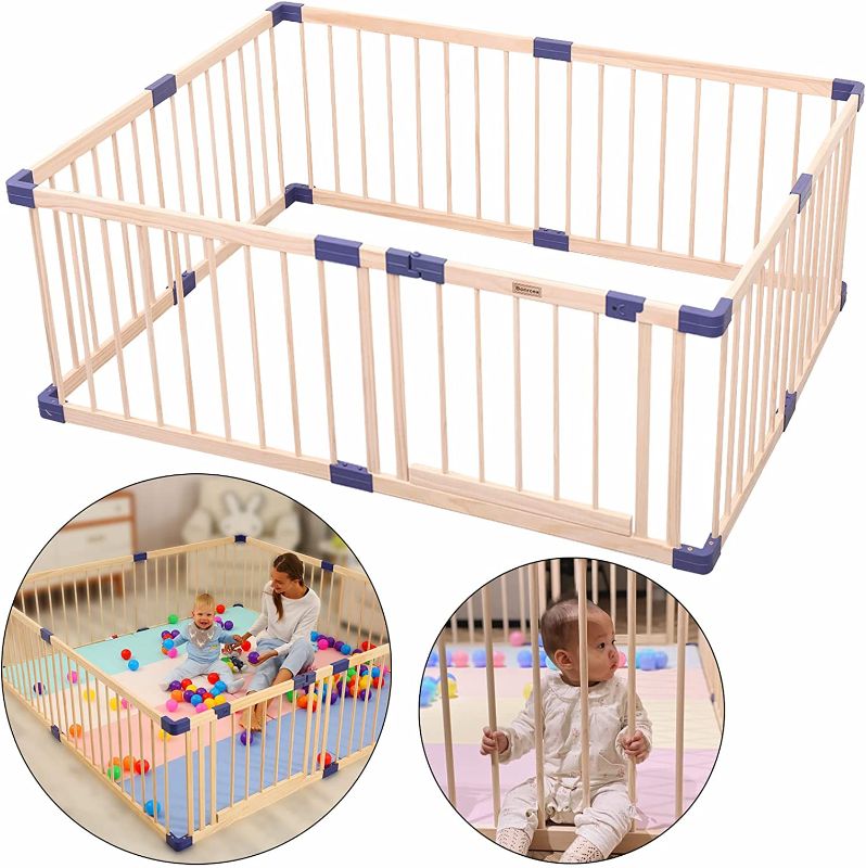 Photo 1 of Baby Playpen Kids Fence with Safety Gate, Safety and Anti-Drop Function, Activity Play Center, Safety Play Yard Indoor Outdoor Pure Wooden Baby Playpen