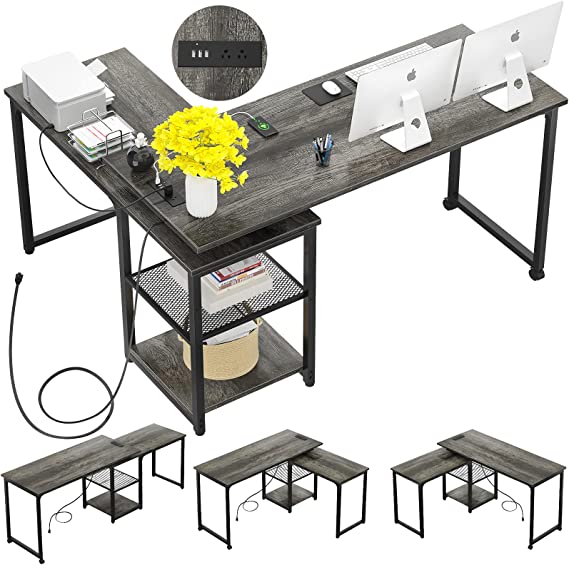 Photo 1 of Armocity 360° Rotating L Shaped Desk with Outlets and USB Ports, Reversible L-Shaped Desk, Modern Corner Desk with Adjustable Storage Shelves, 71 Inch Large Computer Desk for Workstation, Gray
