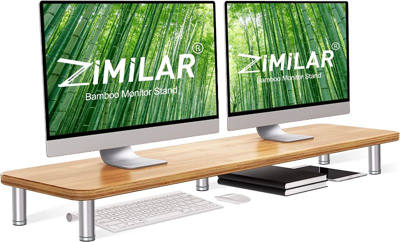 Photo 1 of Zimilar Monitor Stand Riser for 2 Monitors, Large Dual Monitor Riser Stand for Desk, Bamboo Long Computer Monitor Riser for Computer, PC Screen, Printer, iMac

