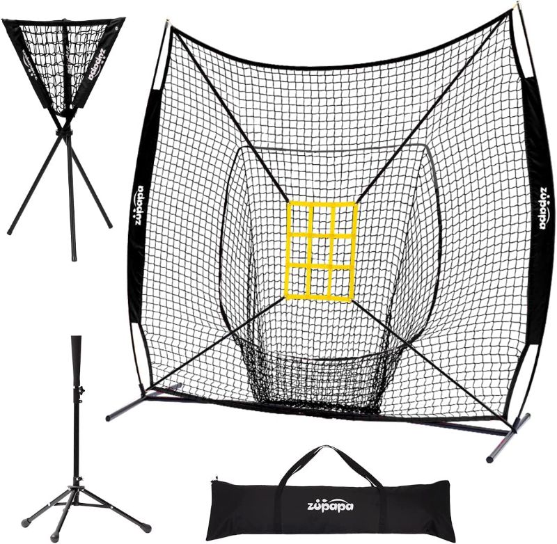 Photo 1 of Zupapa 7x7 Feet Baseball Softball Hitting Pitching Net Tee Caddy Set with Strike Zone, Baseball Backstop Practice Net for Pitching Batting Catching for All Skill Levels
COLOR: YELLOW 