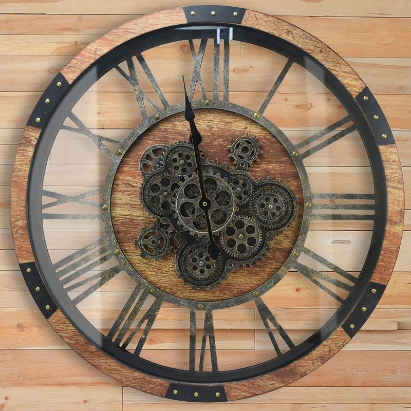 Photo 1 of 27 inch Large Real Moving Gears Wall Clock with Toughened Glass Cover, Oversized Retro Metal Solid Wood Farmhouse Clock, Giant Decorative Rustic Wall Clock for Living Room Home Kitchen Office (Brown)
