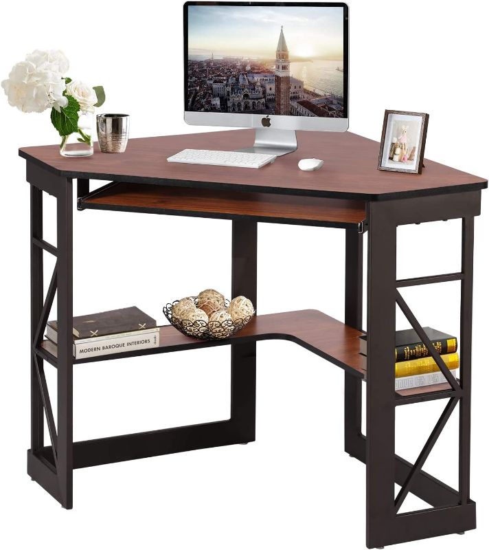 Photo 1 of 
VECELO Corner Computer Desk Writing Smooth Keyboard Tray & Storage Shelves, Compact Home Office Table,Black
Color:Teakwood Brown