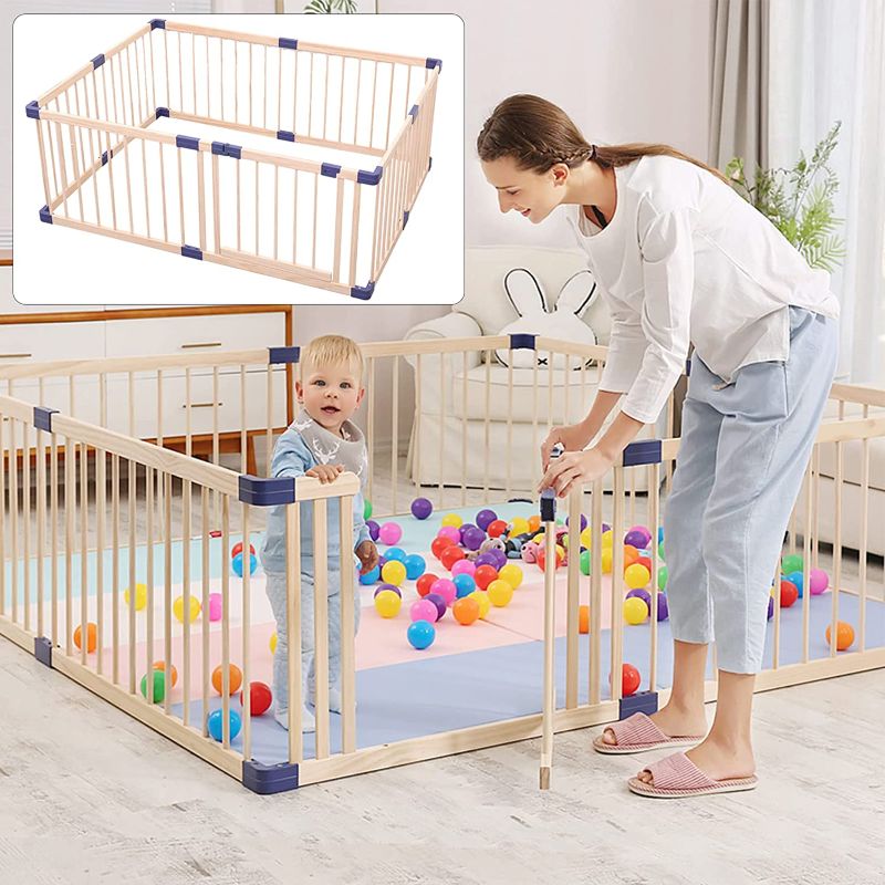 Photo 1 of Baby Playpen Kids Fence with Safety Gate, Safety and Anti-Drop Function, Activity Play Center, Safety Play Yard Indoor Outdoor Pure Wooden Baby Playpen
