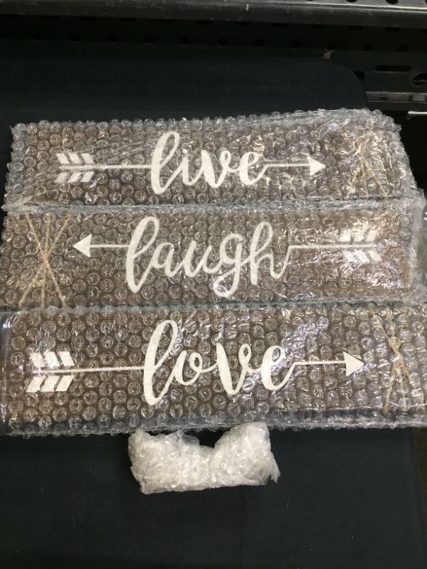 Photo 3 of Dahey 3 Pieces Rustic Wood Sign Arrow Wall Decor Live Laugh Love Quote Sign Farmhouse Wall Mount Decoration for Home, Living Room, Mothers Day, Wedding, Housewarming Gift 13"x 3", Brown (FACTORY SEALED BRAND NEW, OPEN FOR PICTURES)
