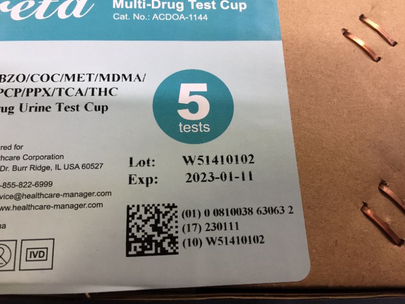 Photo 3 of Areta 14 Panel Drug Test Cup Kit with BUP (Buprenorphine) and Temperature Strip, Testing 14 Drugs (BUP),THC,OPI 2000, AMP,BAR,BZO,COC,MET,MDMA,MTD,OXY,PCP,PPX,TCA-#ACDOA-1144 - 5 Pack
(FACTORY SEALED BRAND NEW) EXP JAN 11 2023
