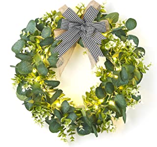 Photo 1 of Dahey Eucalyptus Wreaths for Front Door Wreath with Light String for Spring Summer Green Wreath, Home Porch Farmhouse Door Wall Window Party Decoration, 15.7" L×15.7" W (NO Battery)
