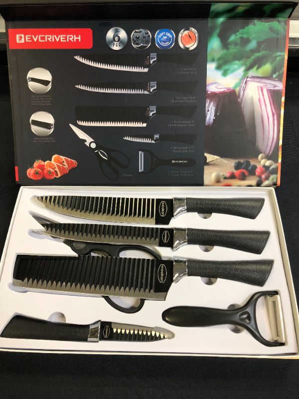 Photo 2 of Wookon 6 Pieces Professional Kitchen Knives Set - 4 Stainless Steel Knives, Scissors,and Peeler - Black Ergonomic Handles