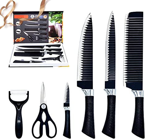 Photo 1 of Wookon 6 Pieces Professional Kitchen Knives Set - 4 Stainless Steel Knives, Scissors,and Peeler - Black Ergonomic Handles