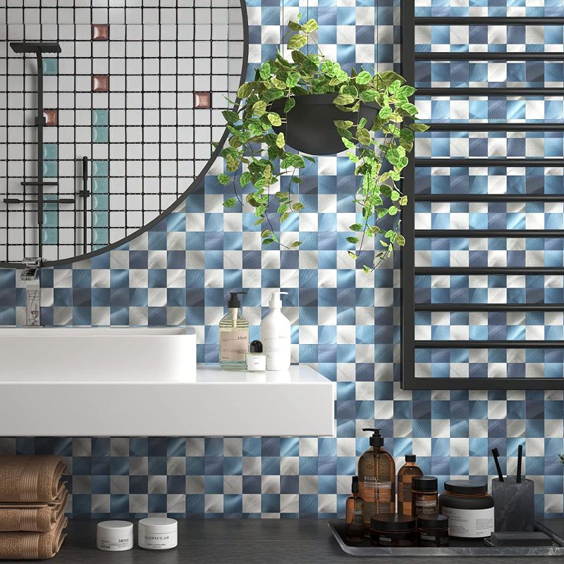 Photo 2 of Yipscazo Peel and Stick Backsplash Mosaic Tile, Stick on Backsplash for Kitchen Stainless Steel Tiles Peel and Stick in Silve Blue (1 Sheets, 11.8''x11.8'')