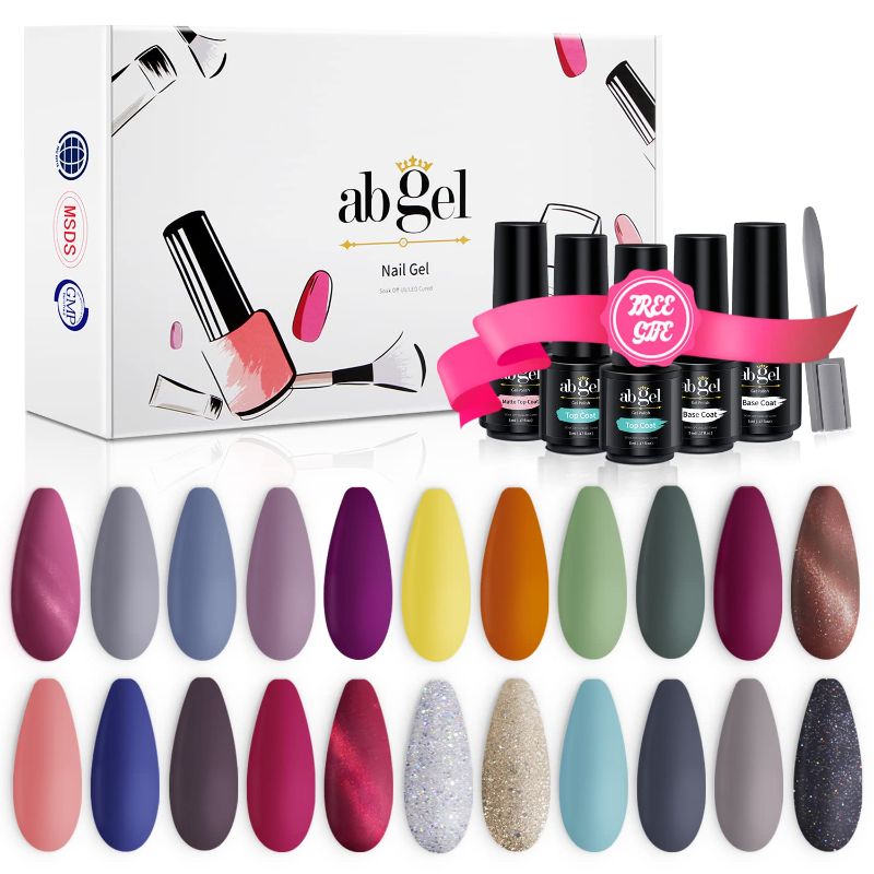 Photo 1 of ab gel 22 Colors Gel Nail Polish 5ml Mini Size with No Wipe Base and Top Coat, 27pcs Soak Off UV LED Gel Nail Varnish Starter Manicure Kit
(BRAND NEW, FACTORY SEAELD)