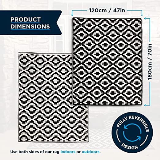 Photo 1 of Black and White Reversible Indoor/Outdoor Rug That's UV and Stain Resistant. Ideal Outdoor Carpet and Patio Rug at 6 ft x 3.9 ft (180 cm x 120 cm). Looks Great in Gardens, Decks and on Balconies.
