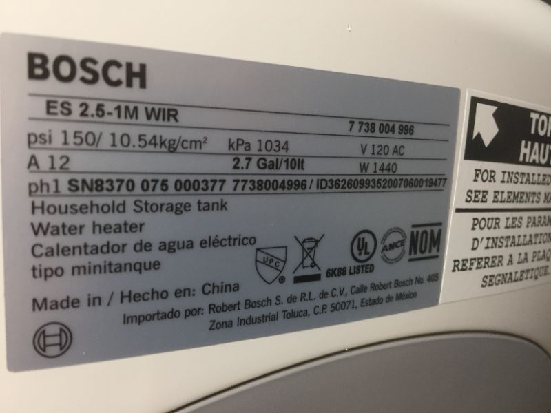 Photo 4 of Bosch Electric Mini-Tank Water Heater Tronic 3000 T 2.5-Gallon (ES2.5) - Eliminate Time for Hot Water - Shelf, Wall or Floor Mounted
 (STICKY RESIDUE ON BACK OF ITEM)