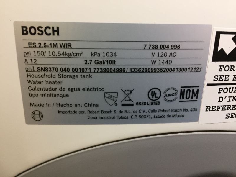 Photo 4 of Bosch Electric Mini-Tank Water Heater Tronic 3000 T 2.5-Gallon (ES2.5) - Eliminate Time for Hot Water - Shelf, Wall or Floor Mounted
(MINOR SCRATHES ON ITEM, STICKY RESIDUE ON BACK OF ITEM)