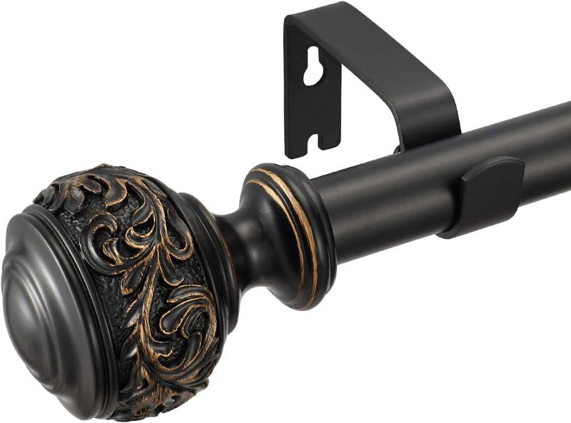 Photo 1 of Decorative Window Curtain Rod 1-Inch Diameter with Modern Design Floral Carved Ball Finials, Drapery Curtain Pole Extends from 72 to 144 Inches,Floral Antique Black
