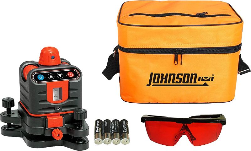 Photo 1 of Johnson Level and Tool 40-6502 Manual-Leveling Rotary Laser Level with Johnson Level & Tool 40-6335 Contractor Aluminum Tripod with 5/8" - 11 Thread, 4'-5' Working Height, Silver/Orange, 1 Tripod - missing batteries / scratches from previous usage 
