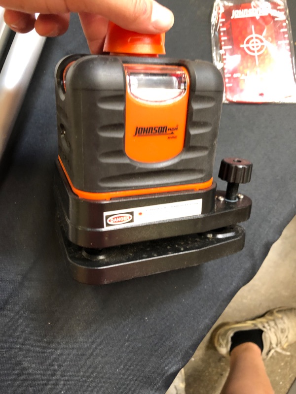 Photo 12 of Johnson Level and Tool 40-6502 Manual-Leveling Rotary Laser Level with Johnson Level & Tool 40-6335 Contractor Aluminum Tripod with 5/8" - 11 Thread, 4'-5' Working Height, Silver/Orange, 1 Tripod - missing batteries / scratches from previous usage 
