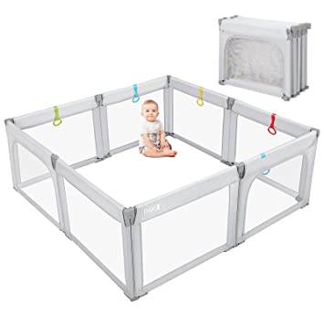 Photo 1 of Foldable Baby Playpen, Dripex Upgrade Kids Large Playard with 5 Handlers,Indoor & Outdoor Kids Activity Center,Infant Safety Gates with Breathable Mesh,Sturdy Play Yard for Toddler, Light Gray
